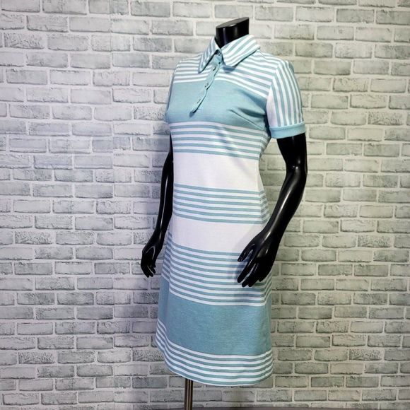 Vintage 70s Leslie‎ Fay Womens M Turquoise White Striped Dbl Knit Poly Dress - Picture 6 of 9